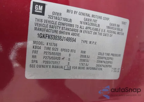 2008 GMC Yukon Denali from USA, damaged, VIN 1GKFK63838J148694